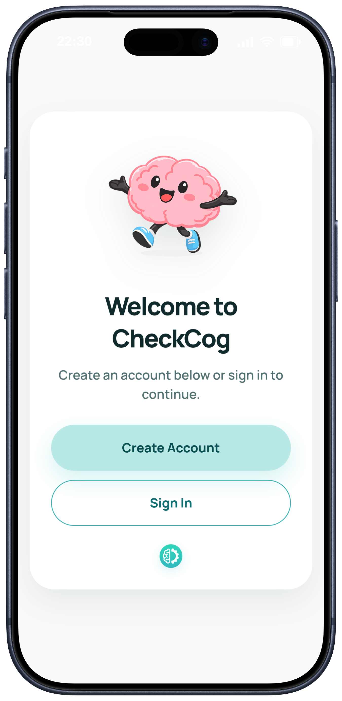 CheckCog welcome screen with options to create an account or sign in