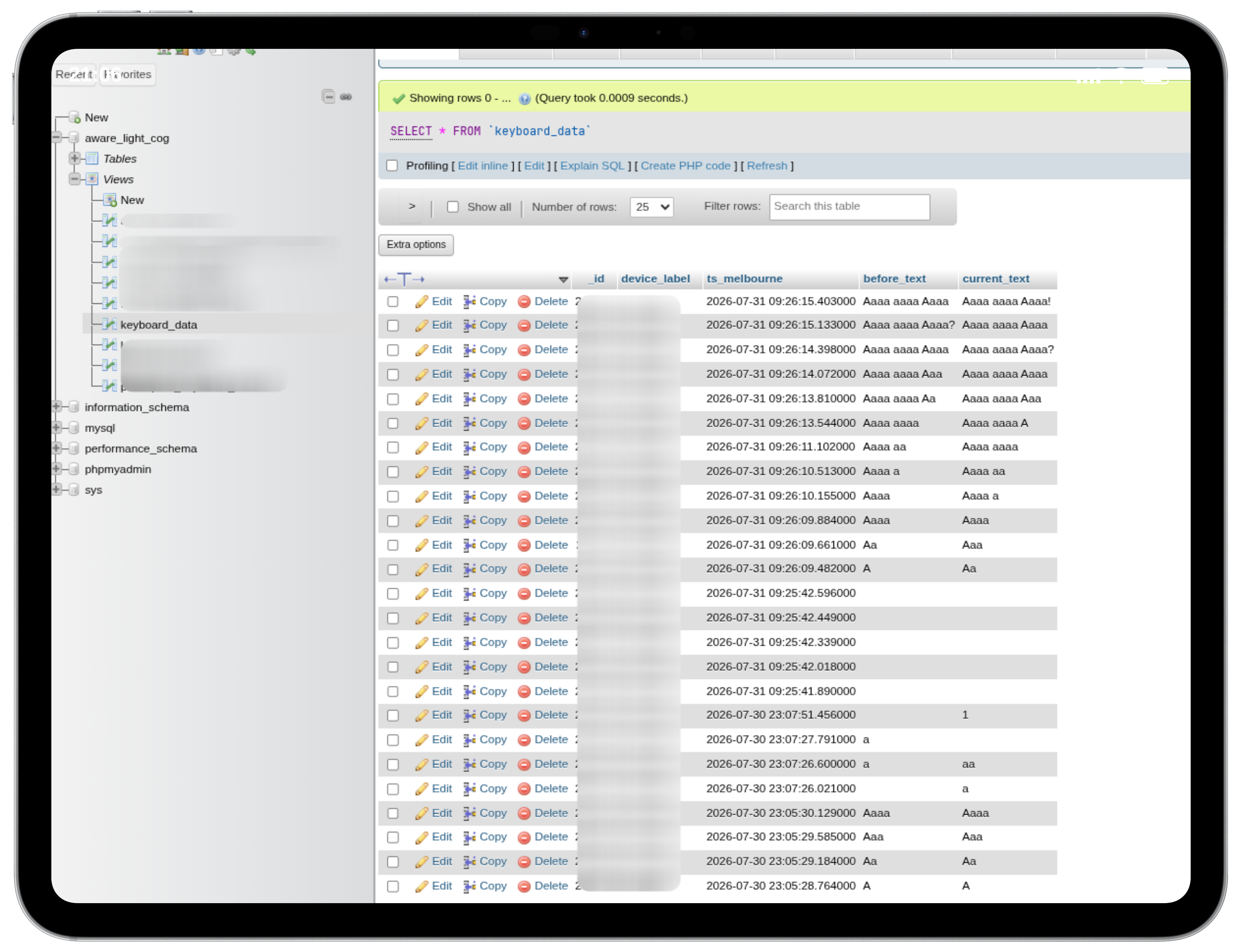 MySQL dashboard displaying timestamped passive sensing data in a custom database view